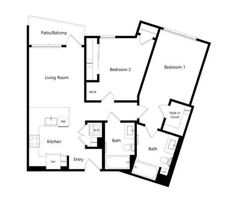 Floor plan for 2 beds, 2 baths, 941 sqft